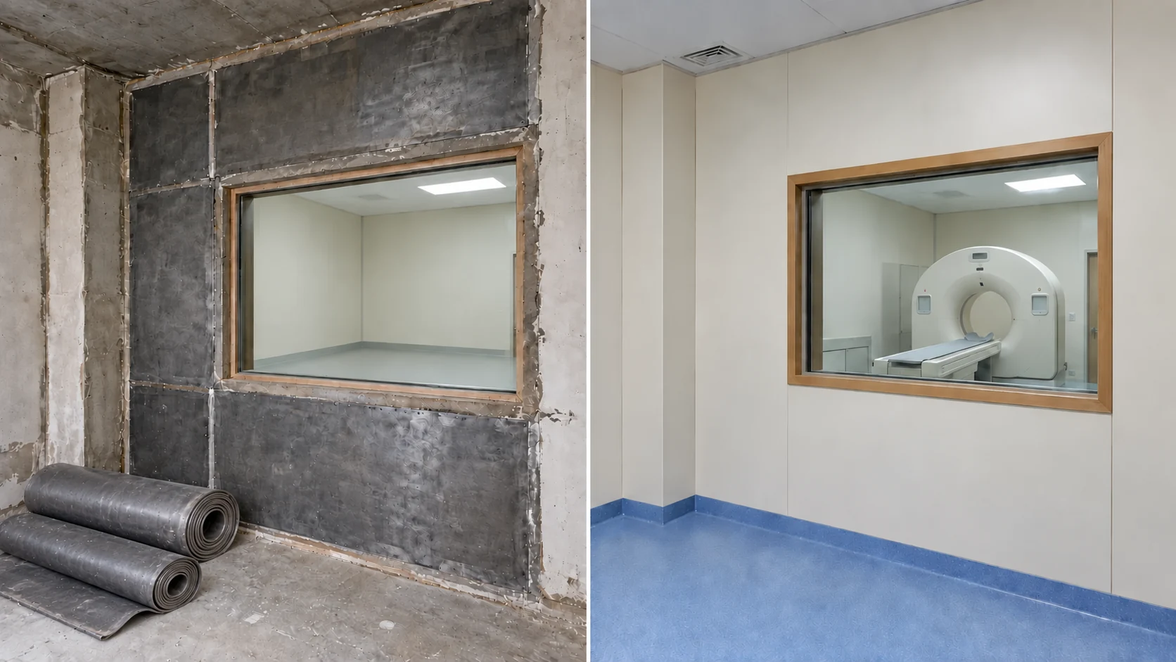 Vitre plombée entre une salle de scanner et la salle de commande, avant et après aménagement